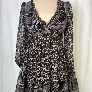 Betsey Johnson Animal Print Fit & Flare Ruffle Dress Long Sleeves Lined Size 8